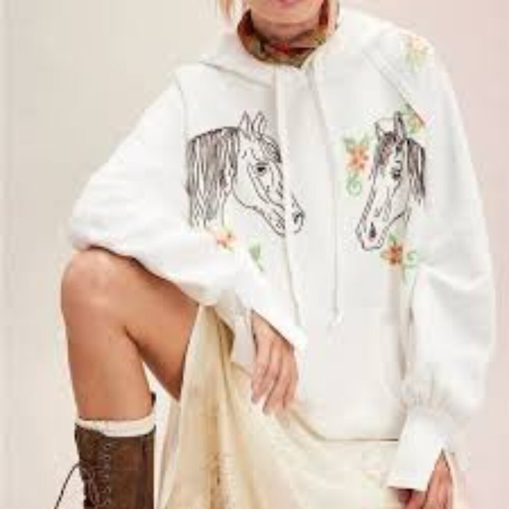 NWOT Free People White Pullover Hoodie with Horse and Floral Embroidery